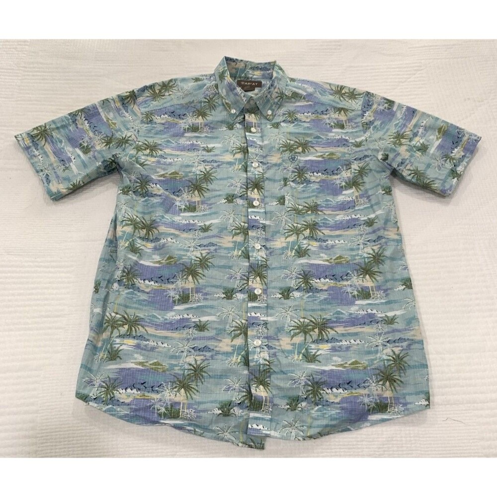 ARIAT Edwind Blue Havin Short Sleeve Hawaiian Palm Print Button Up Mens M